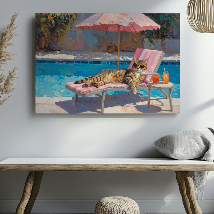 Lazy Cat Poolside Canvas – Relaxing Summer Retreat Art - Gifitto