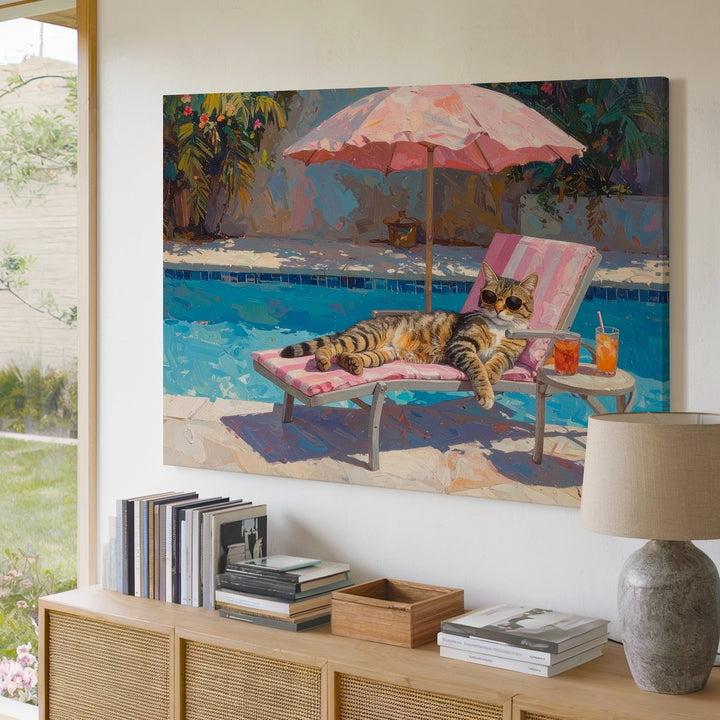 Lazy Cat Poolside Canvas – Relaxing Summer Retreat Art - Gifitto