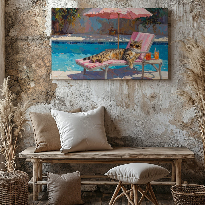 Lazy Cat Poolside Canvas – Relaxing Summer Retreat Art - Gifitto