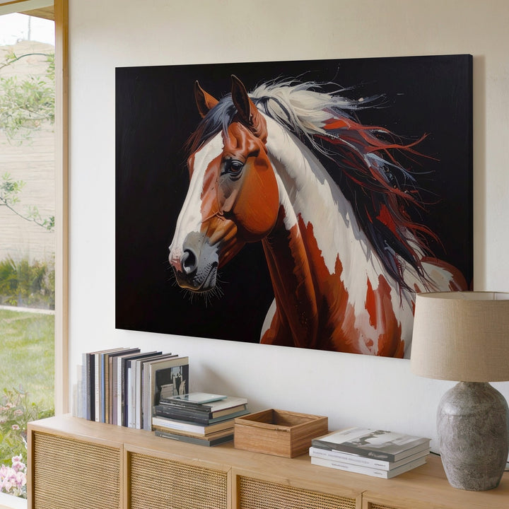 Vivid Pinto Horse Canvas – Dynamic Brushstroke Equestrian Art - Gifitto