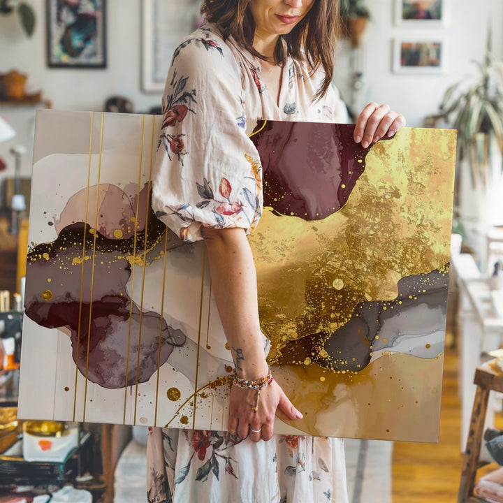 Golden Rain Canvas – Abstract Art with Metallic Gold and Smoky Gray Tones - Gifitto