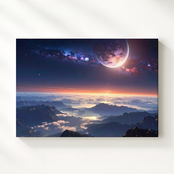 Alien Dawn Canvas – Surreal Planetary Sunrise Over Cloud Mountains - Gifitto
