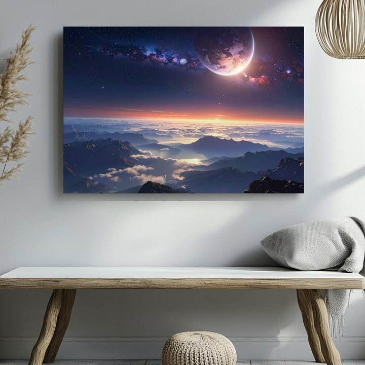 Alien Dawn Canvas – Surreal Planetary Sunrise Over Cloud Mountains - Gifitto