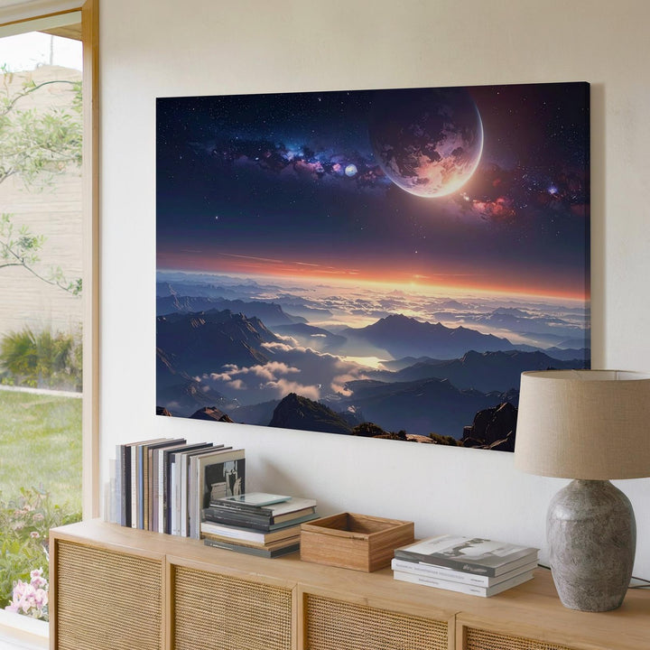 Alien Dawn Canvas – Surreal Planetary Sunrise Over Cloud Mountains - Gifitto