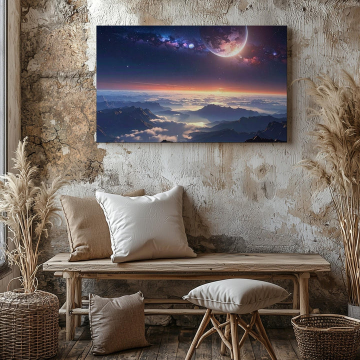 Alien Dawn Canvas – Surreal Planetary Sunrise Over Cloud Mountains - Gifitto