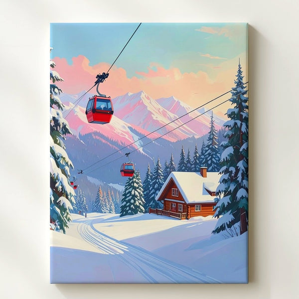 Red Gondola Winter Mountain Canvas – Cozy Alpine Scenic Illustration
