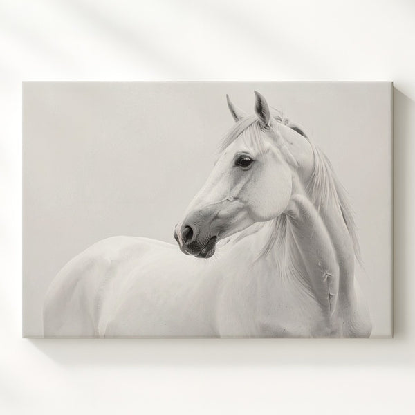 Ethereal White Horse Canvas – Minimalist Monochrome Equestrian Art - Gifitto
