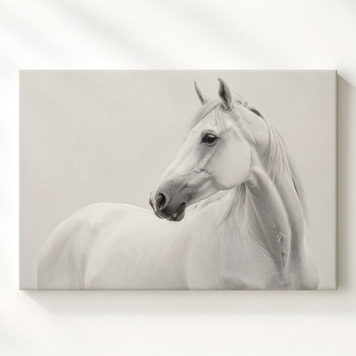 Ethereal White Horse Canvas – Minimalist Monochrome Equestrian Art - Gifitto