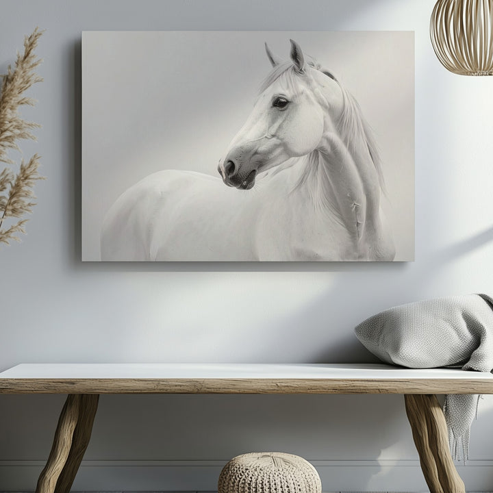 Ethereal White Horse Canvas – Minimalist Monochrome Equestrian Art - Gifitto