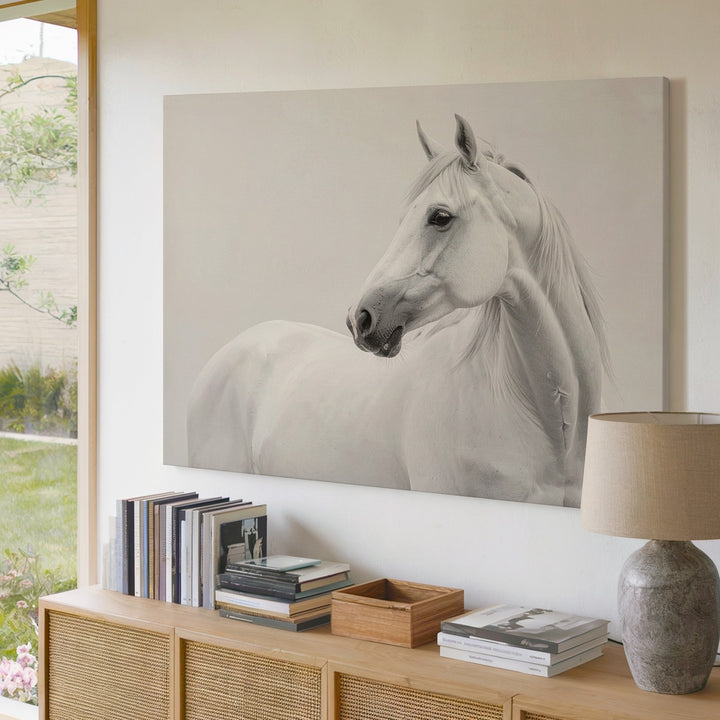 Ethereal White Horse Canvas – Minimalist Monochrome Equestrian Art - Gifitto