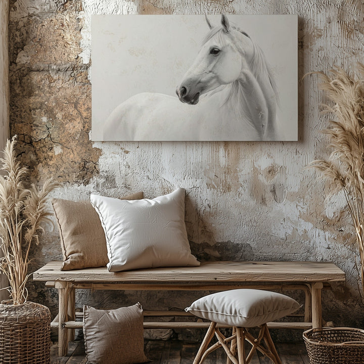 Ethereal White Horse Canvas – Minimalist Monochrome Equestrian Art - Gifitto