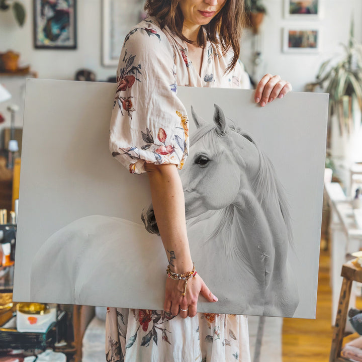 Ethereal White Horse Canvas – Minimalist Monochrome Equestrian Art - Gifitto