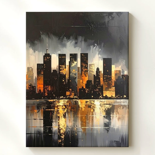 Nocturnal Calm Skyline Canvas – Moody Modern Cityscape by Water - Gifitto