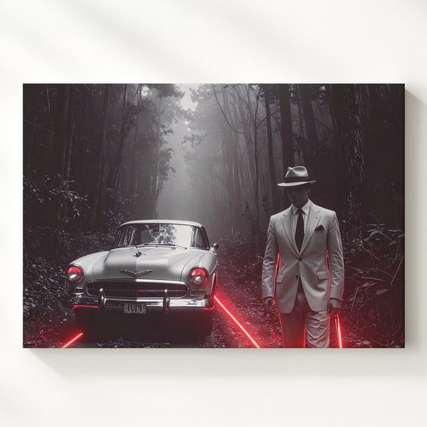 Noir Red Neon Canvas – Vintage White Sports Car & Mysterious Forest Scene - Gifitto