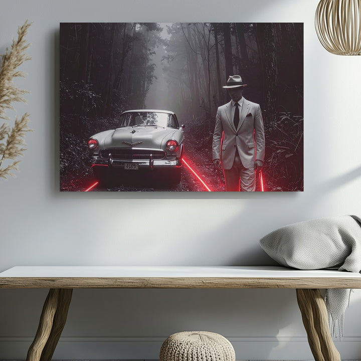 Noir Red Neon Canvas – Vintage White Sports Car & Mysterious Forest Scene - Gifitto