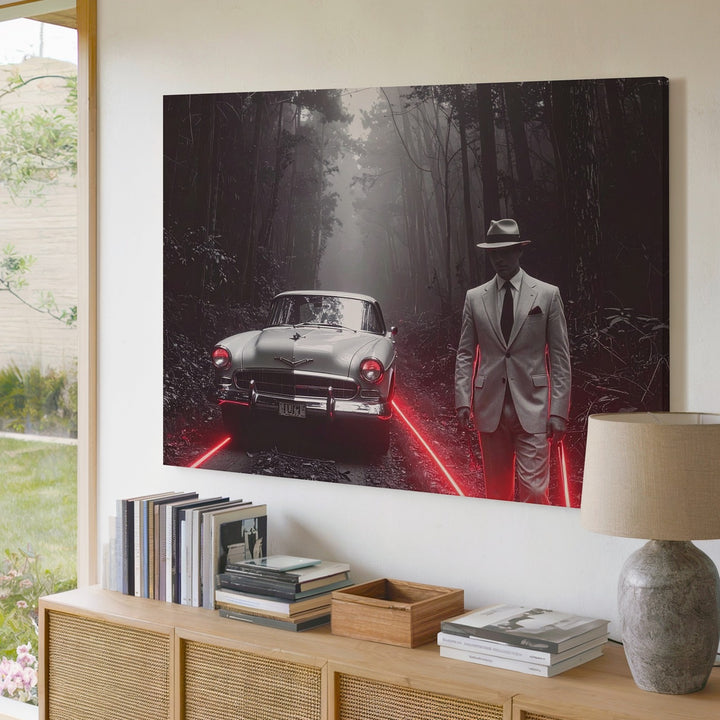 Noir Red Neon Canvas – Vintage White Sports Car & Mysterious Forest Scene - Gifitto
