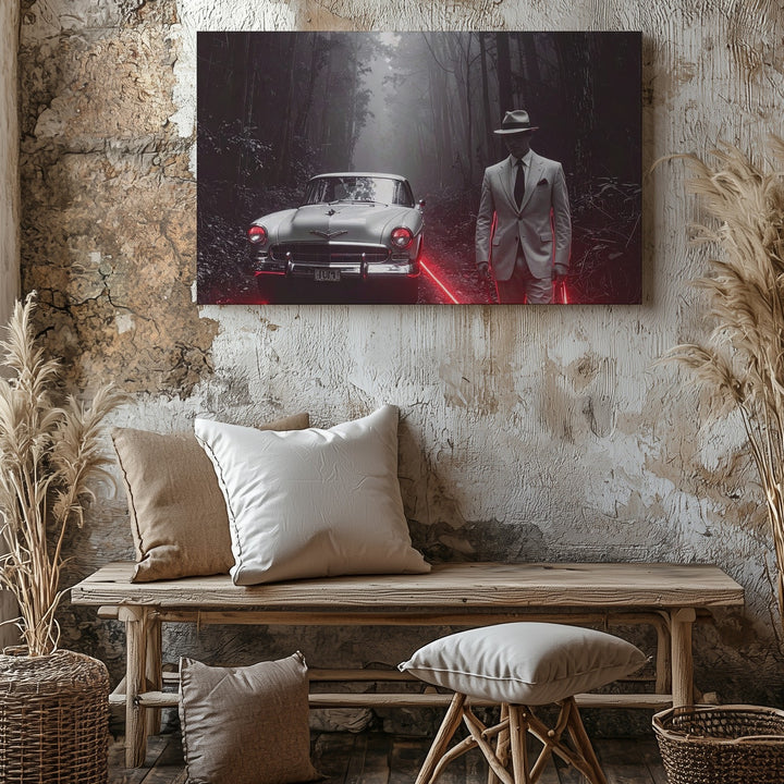Noir Red Neon Canvas – Vintage White Sports Car & Mysterious Forest Scene - Gifitto