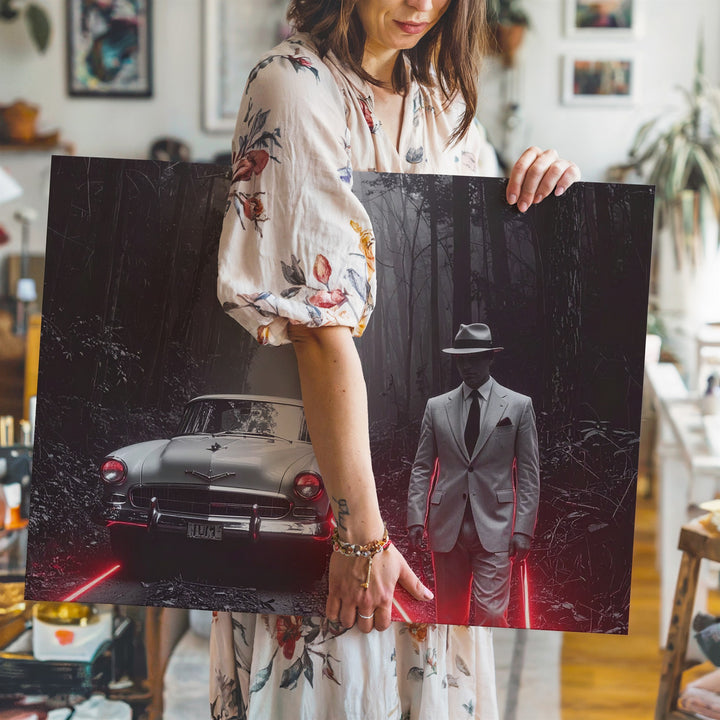 Noir Red Neon Canvas – Vintage White Sports Car & Mysterious Forest Scene - Gifitto