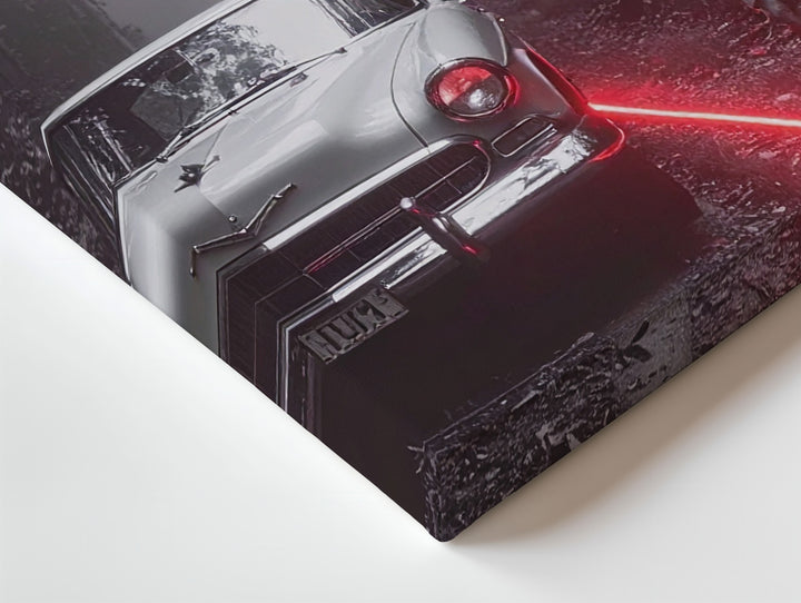 Noir Red Neon Canvas – Vintage White Sports Car & Mysterious Forest Scene - Gifitto