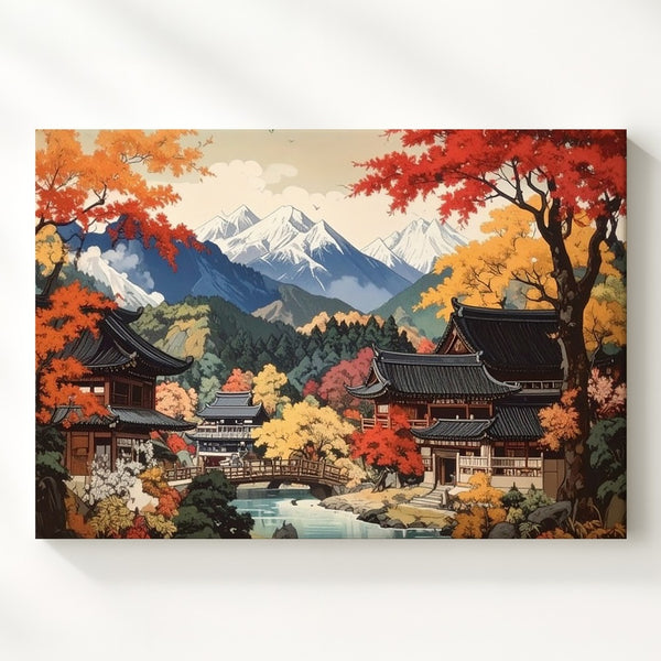 Autumn Japanese Village Canvas – Panoramic Traditional Landscape Wall Art - Gifitto