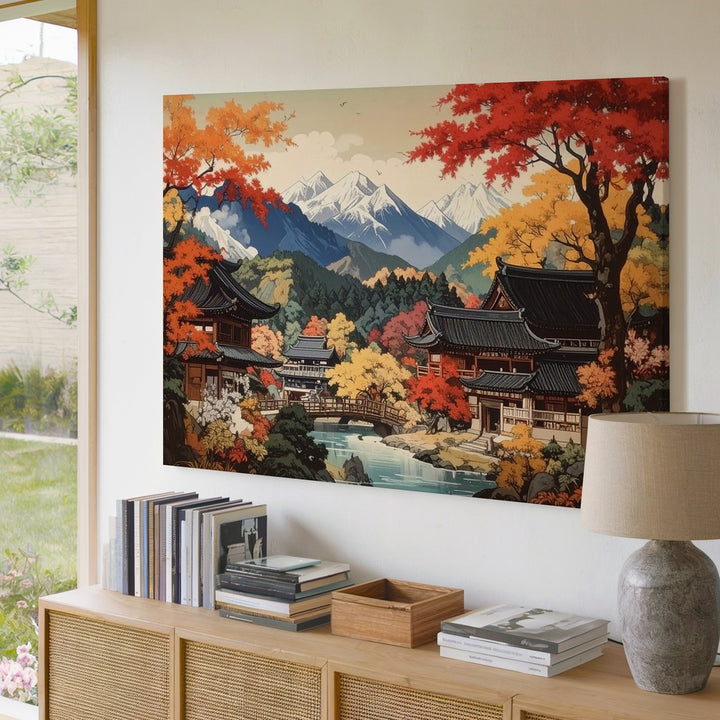 Autumn Japanese Village Canvas – Panoramic Traditional Landscape Wall Art - Gifitto