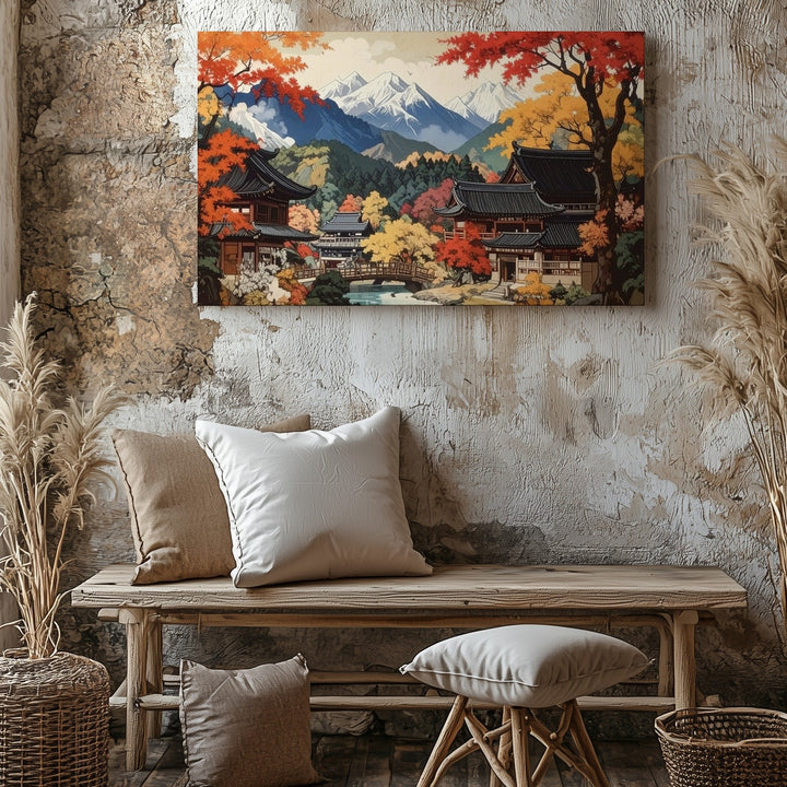 Autumn Japanese Village Canvas – Panoramic Traditional Landscape Wall Art - Gifitto