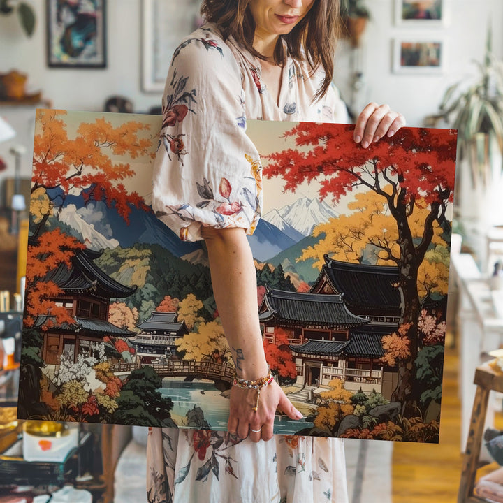 Autumn Japanese Village Canvas – Panoramic Traditional Landscape Wall Art - Gifitto