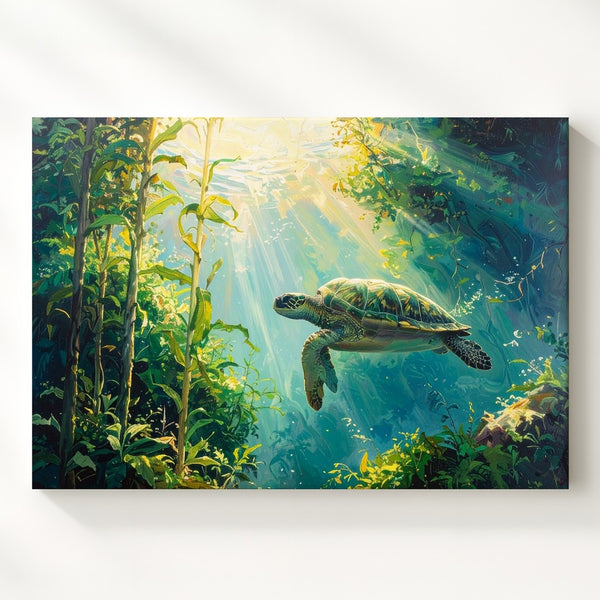 Sea Turtle in Kelp Forest Canvas – Tranquil Sunlit Underwater Scene