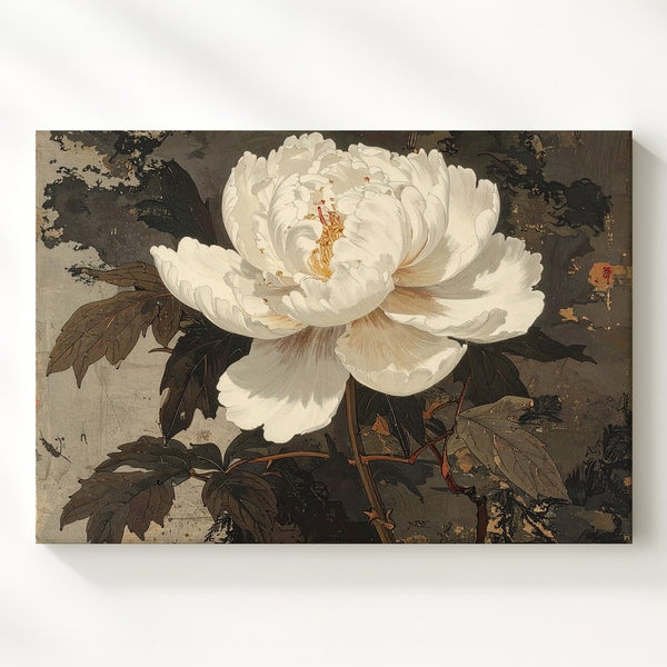 White Peony on Aged Scroll Canvas – Vintage Asian-Inspired Botanical Wall Art - Gifitto