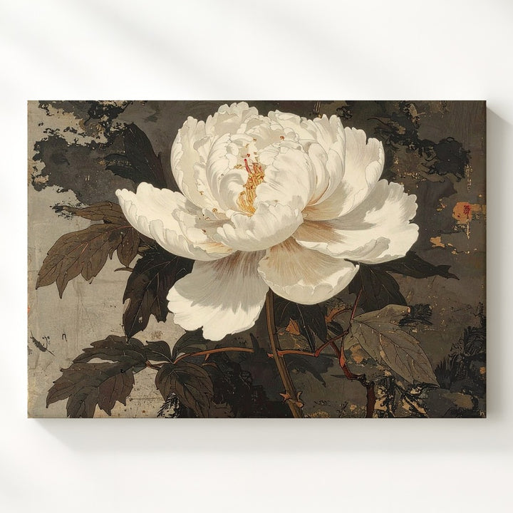 White Peony on Aged Scroll Canvas – Vintage Asian-Inspired Botanical Wall Art - Gifitto