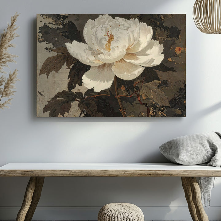 White Peony on Aged Scroll Canvas – Vintage Asian-Inspired Botanical Wall Art - Gifitto