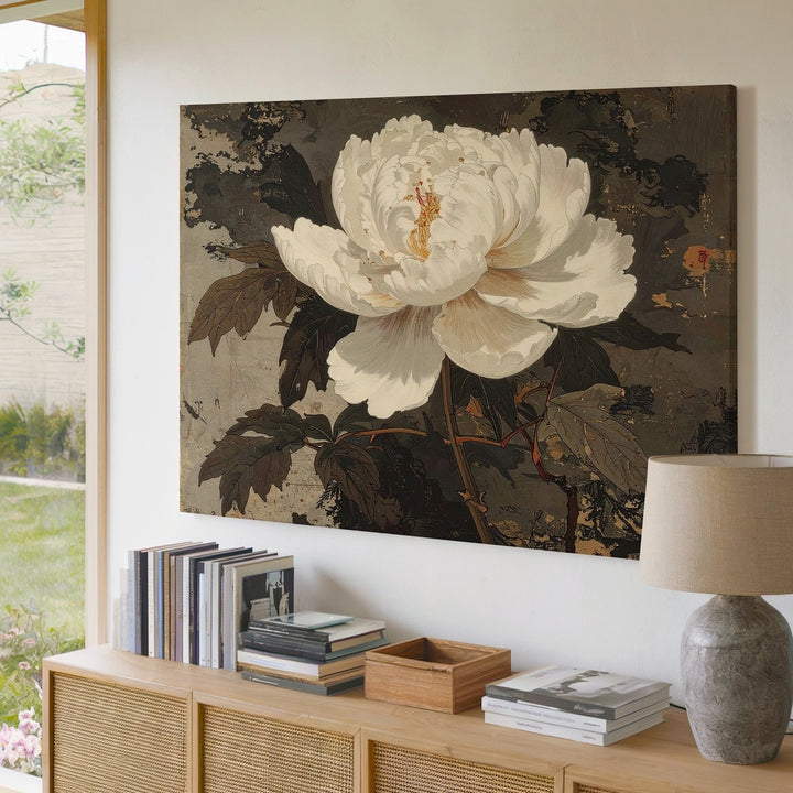 White Peony on Aged Scroll Canvas – Vintage Asian-Inspired Botanical Wall Art - Gifitto