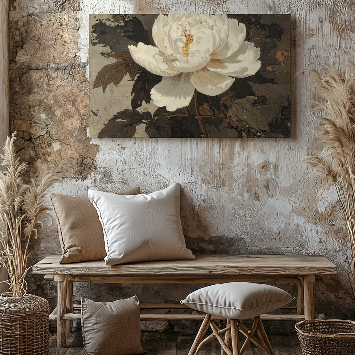 White Peony on Aged Scroll Canvas – Vintage Asian-Inspired Botanical Wall Art - Gifitto