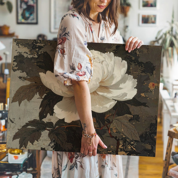 White Peony on Aged Scroll Canvas – Vintage Asian-Inspired Botanical Wall Art - Gifitto