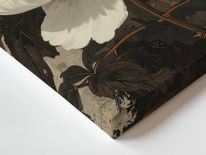 White Peony on Aged Scroll Canvas – Vintage Asian-Inspired Botanical Wall Art - Gifitto