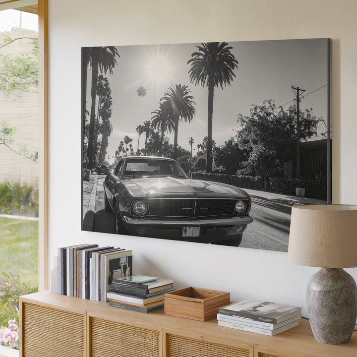 Black & White Muscle Car Canvas – Vintage Americana with Palm Trees & Sunlight - Gifitto