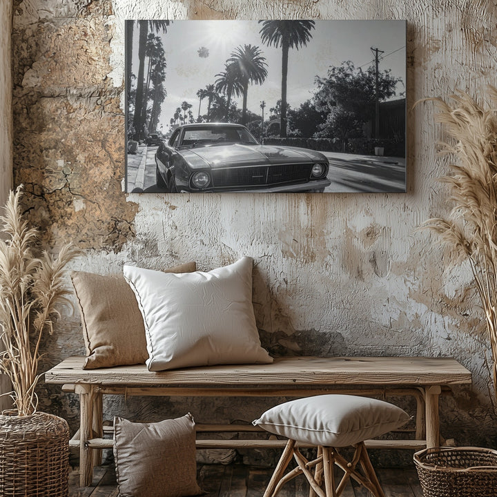 Black & White Muscle Car Canvas – Vintage Americana with Palm Trees & Sunlight - Gifitto