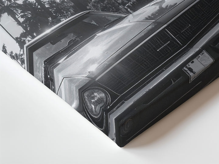 Black & White Muscle Car Canvas – Vintage Americana with Palm Trees & Sunlight - Gifitto
