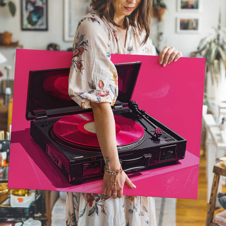 Hot Pink Vinyl Canvas – Retro Record Player Pop Art Wall Print - Gifitto