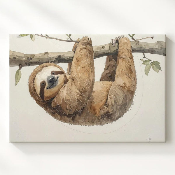 Smiling Sloth Hanging from Branch Canvas – Calm Nursery Wall Art - Gifitto