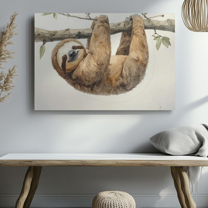 Smiling Sloth Hanging from Branch Canvas – Calm Nursery Wall Art - Gifitto