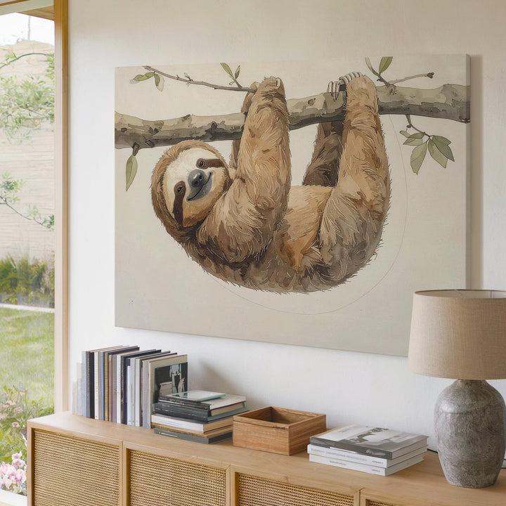 Smiling Sloth Hanging from Branch Canvas – Calm Nursery Wall Art - Gifitto