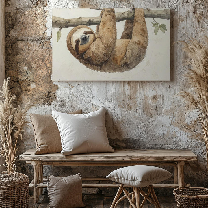 Smiling Sloth Hanging from Branch Canvas – Calm Nursery Wall Art - Gifitto