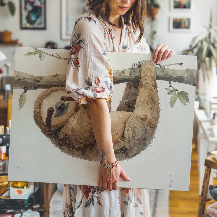 Smiling Sloth Hanging from Branch Canvas – Calm Nursery Wall Art - Gifitto