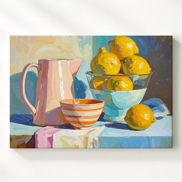 Lemon Bowl Kitchen Canvas – Pastel Still Life with Retro Charm - Gifitto