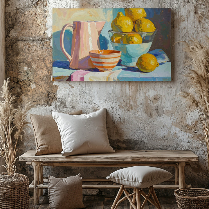 Lemon Bowl Kitchen Canvas – Pastel Still Life with Retro Charm - Gifitto
