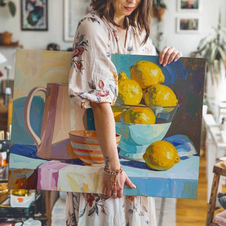Lemon Bowl Kitchen Canvas – Pastel Still Life with Retro Charm - Gifitto