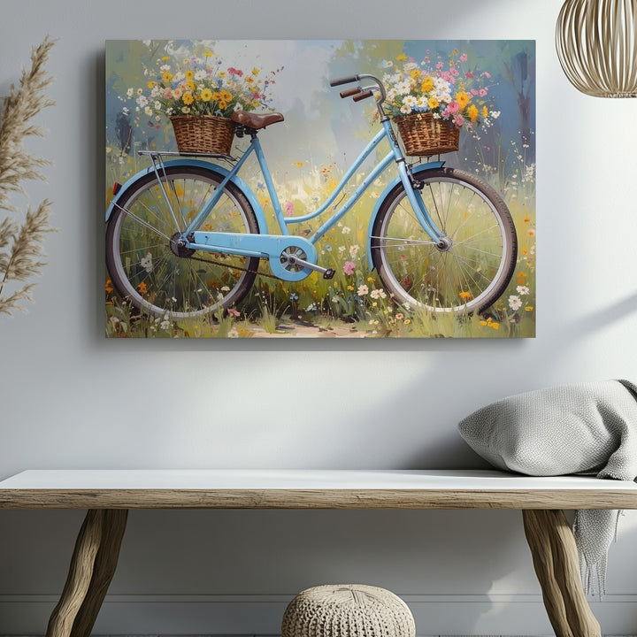 Vintage Bicycle in Bloom Canvas – Whimsical Spring Meadow Wall Art - Gifitto