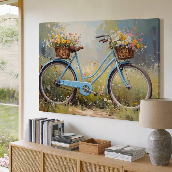 Vintage Bicycle in Bloom Canvas – Whimsical Spring Meadow Wall Art - Gifitto