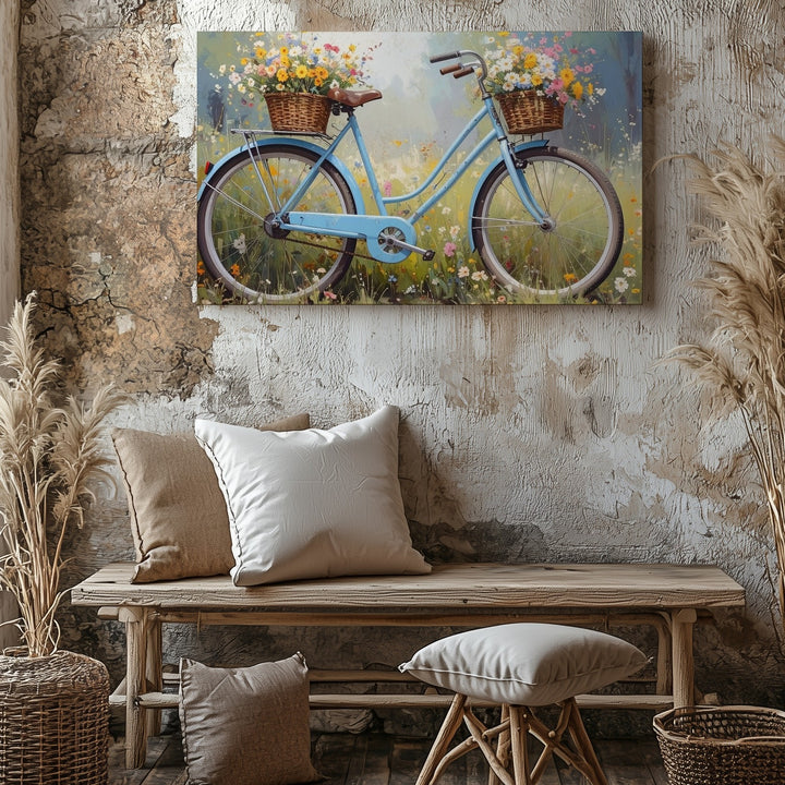 Vintage Bicycle in Bloom Canvas – Whimsical Spring Meadow Wall Art - Gifitto